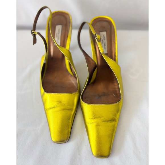 Emma Hope Jasper Conrad Metallic Chartreuse Leather Slingback Heels 37 7.5 - Picture 4 of 8
